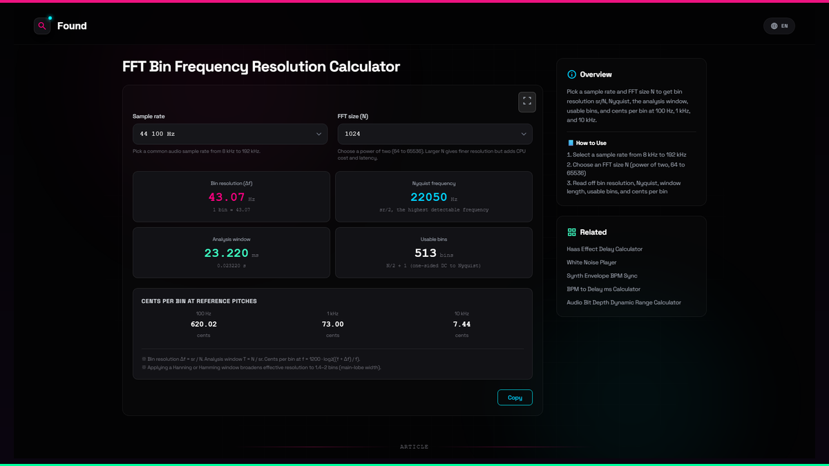 FFT Bin Frequency Resolution Calculator - Found