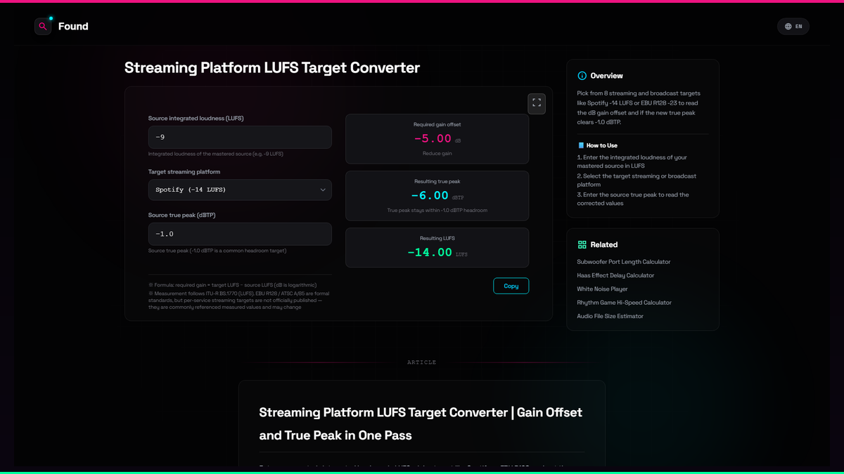Streaming Platform LUFS Target Converter - Found