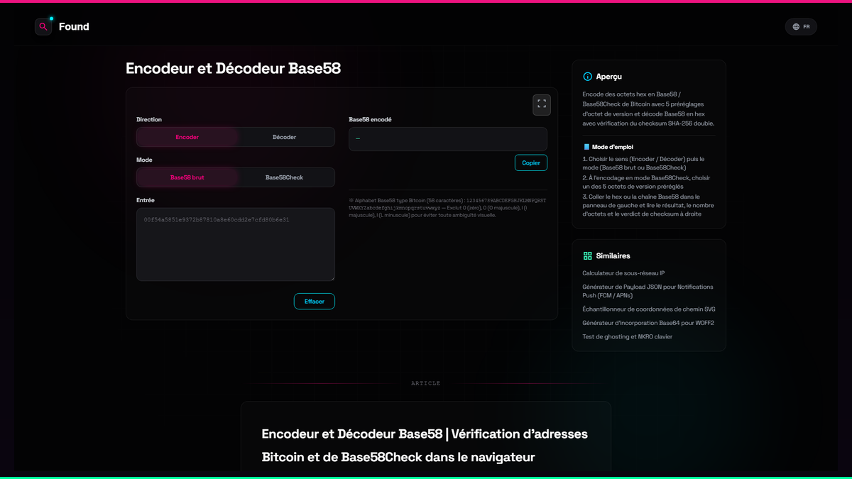 Encodeur et Décodeur Base58 - Found