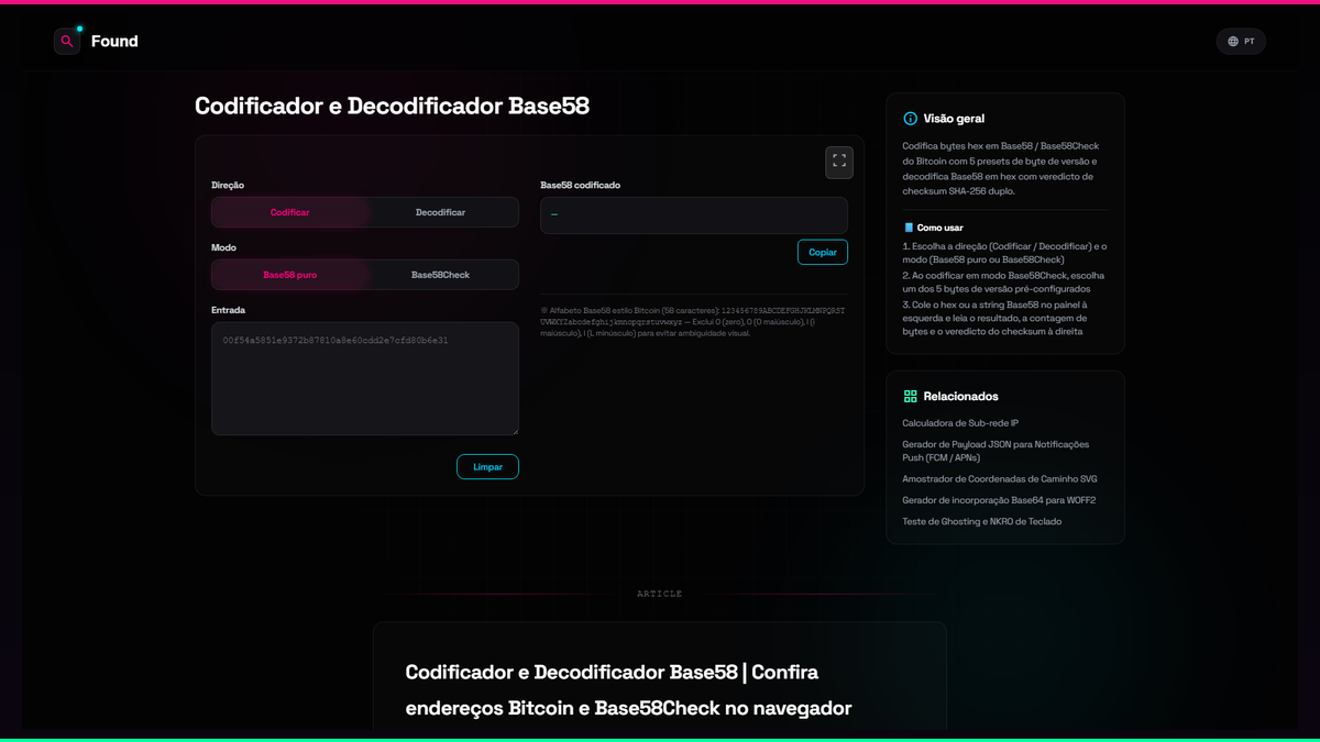 Codificador e Decodificador Base58 - Found