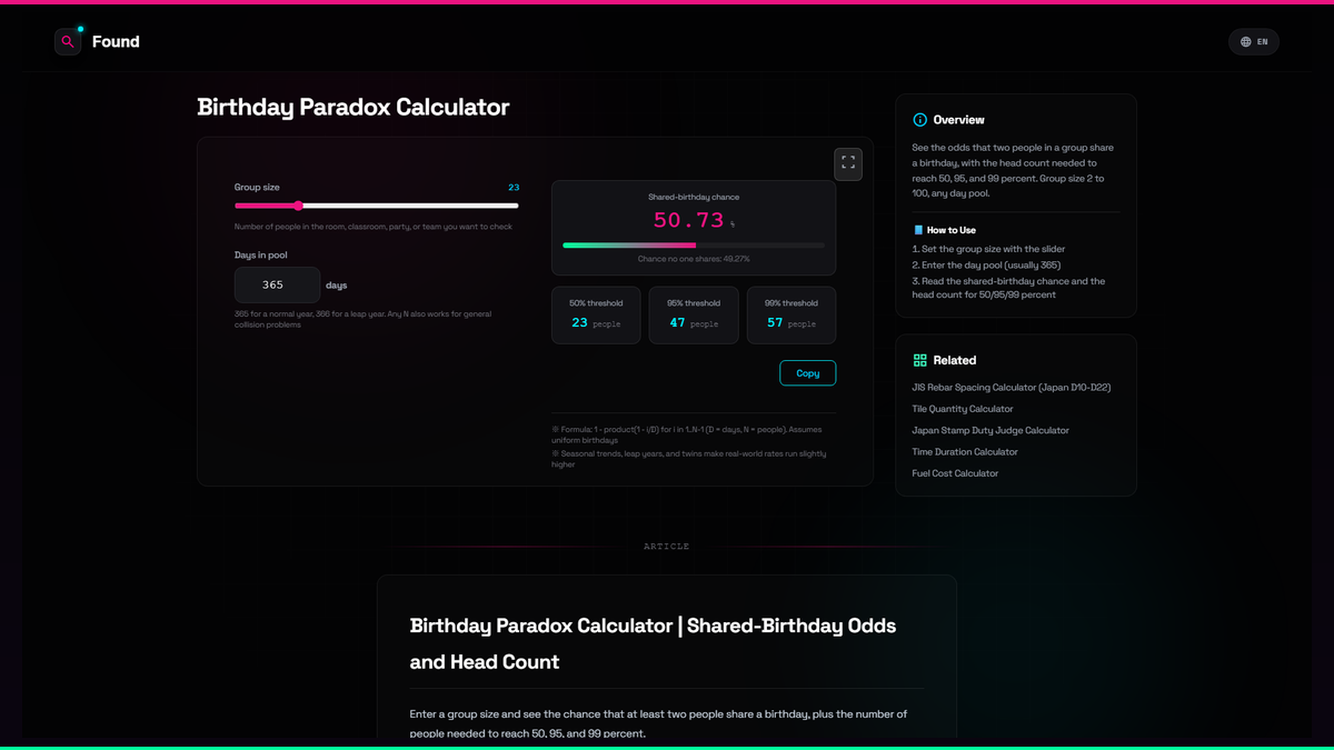 Birthday Paradox Calculator - Found