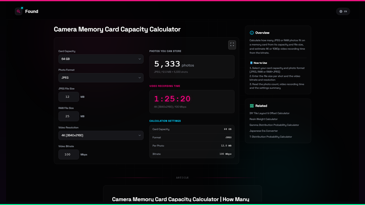 Camera Memory Card Capacity Calculator - Found