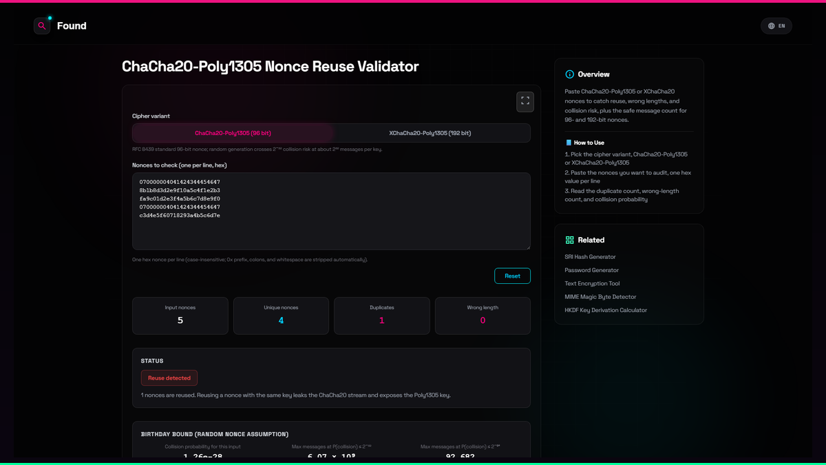ChaCha20-Poly1305 Nonce Reuse Validator - Found