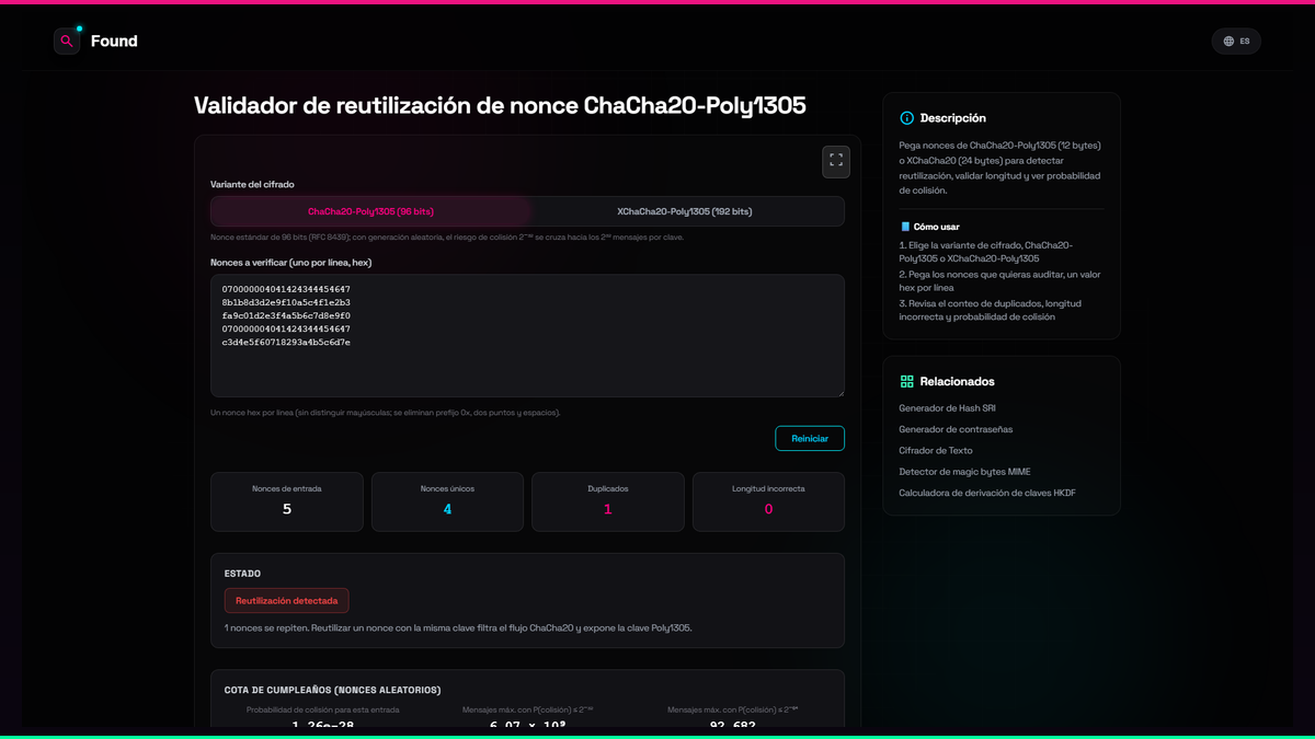 Validador de reutilización de nonce ChaCha20-Poly1305 - Found