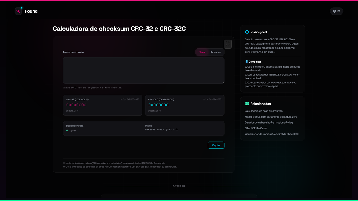 Calculadora de checksum CRC-32 e CRC-32C - Found