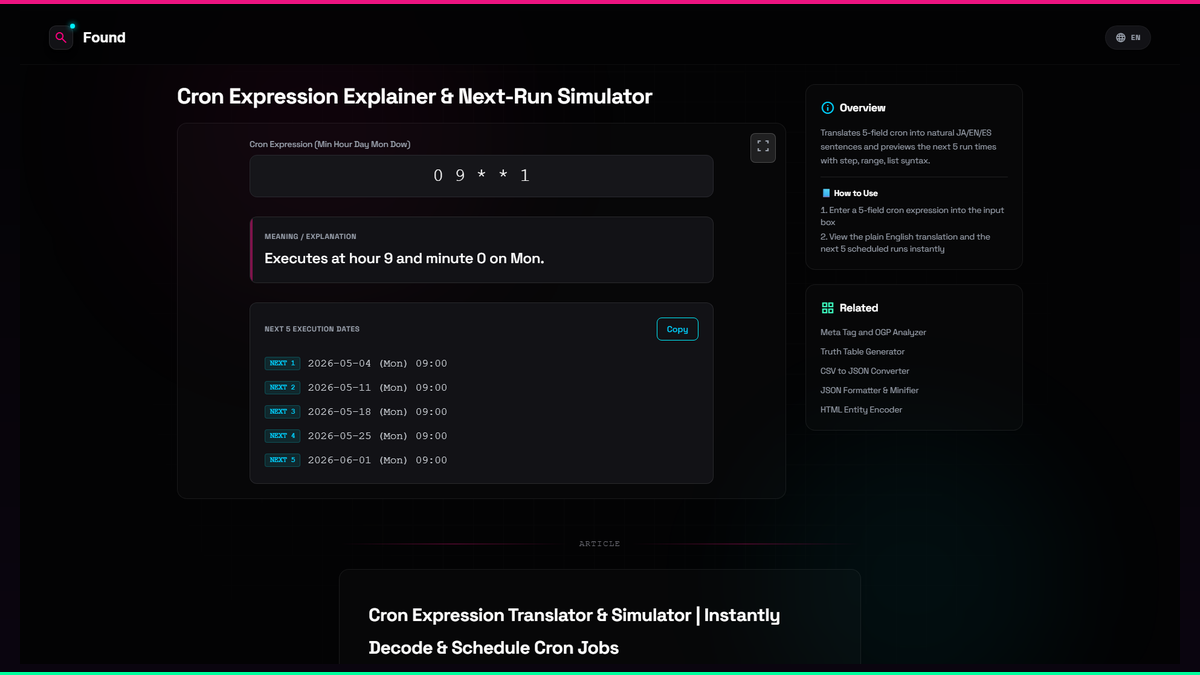 Cron Expression Explainer & Next-Run Simulator - Found