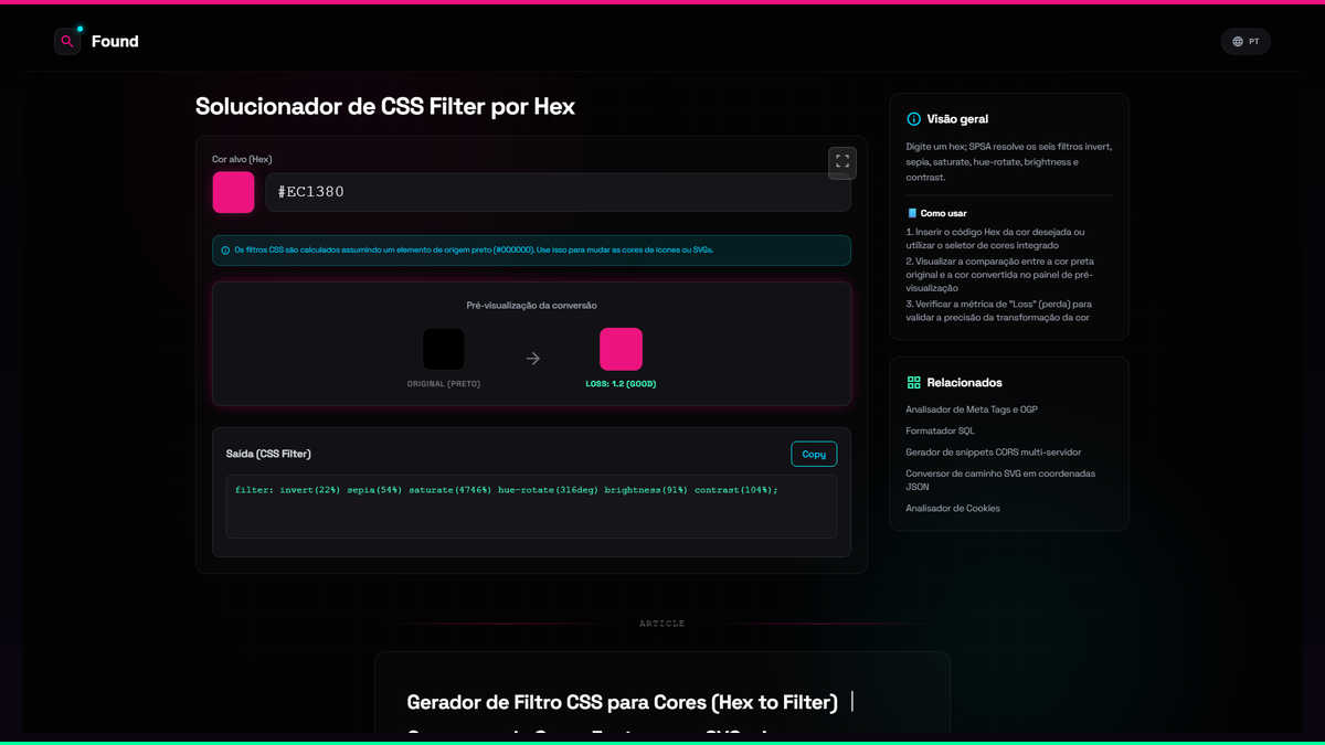 Solucionador de CSS Filter por Hex - Found