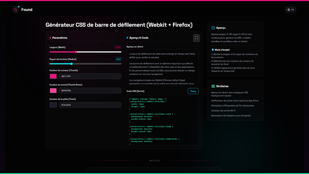 Générateur CSS de barre de défilement (Webkit + Firefox) - Found