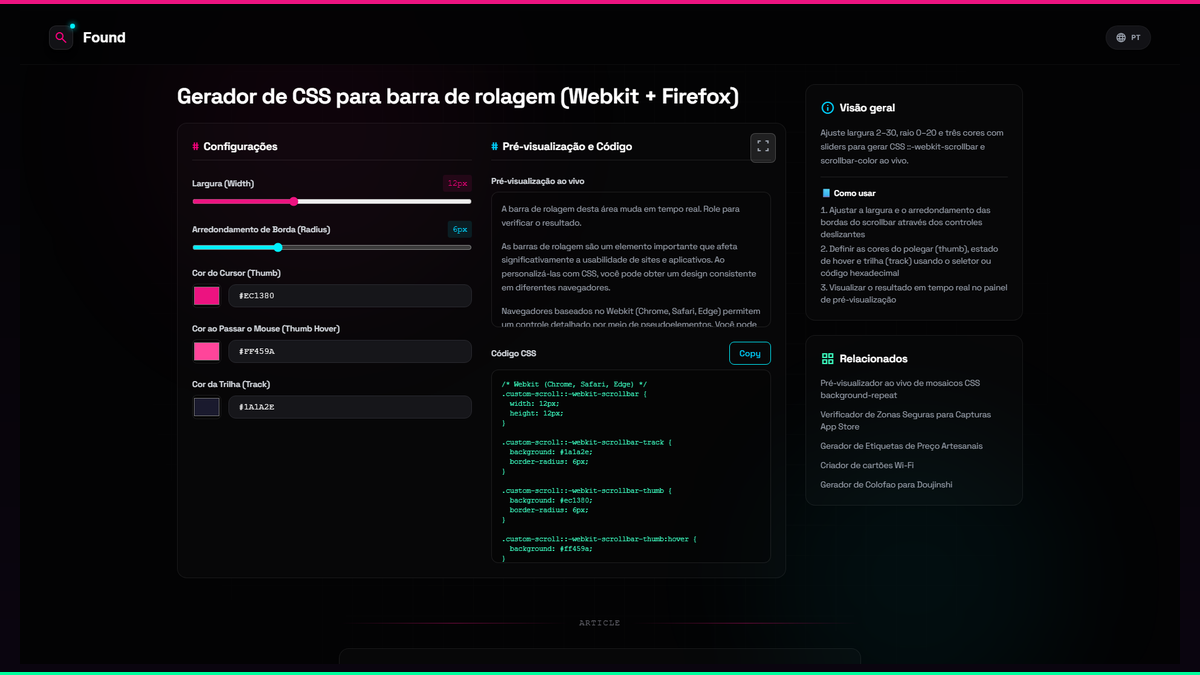 Gerador de CSS para barra de rolagem (Webkit + Firefox) - Found