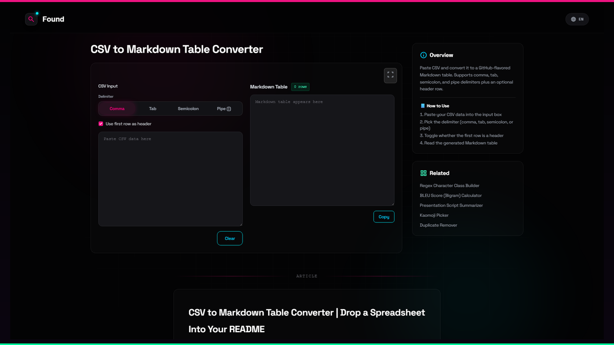 CSV to Markdown Table Converter - Found