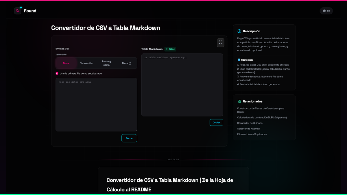 Convertidor de CSV a Tabla Markdown - Found