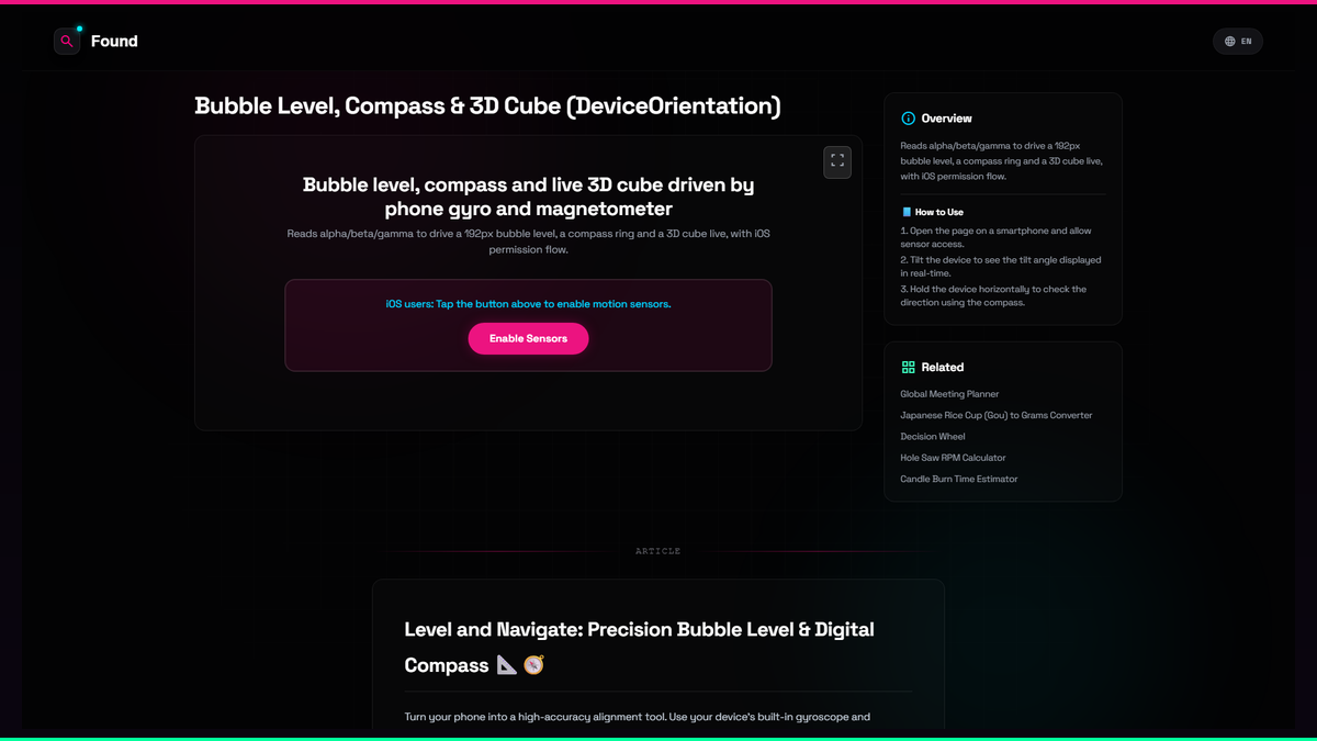 Bubble Level, Compass & 3D Cube (DeviceOrientation) - Found
