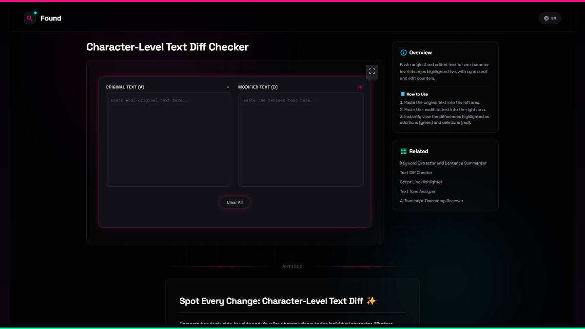 Character-Level Text Diff Checker - Found