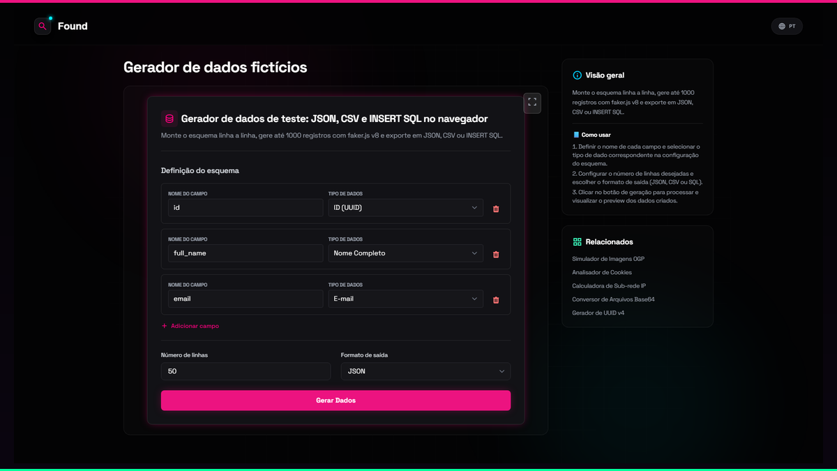 Gerador de dados fictícios - Found