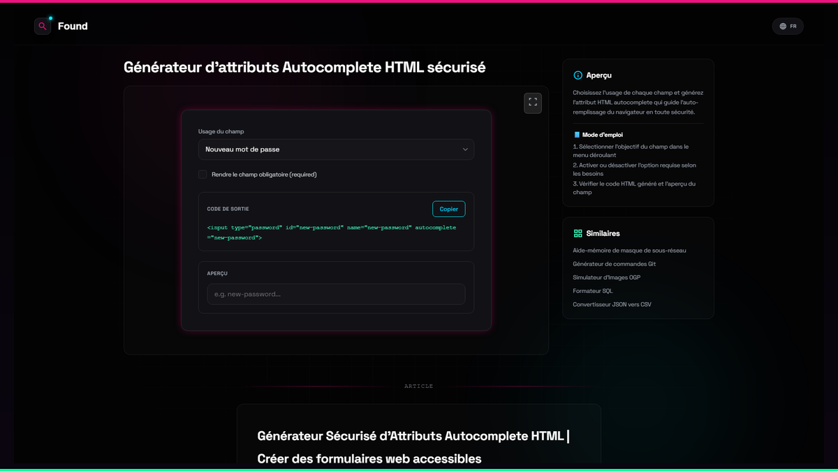 Générateur d'attributs Autocomplete HTML sécurisé - Found