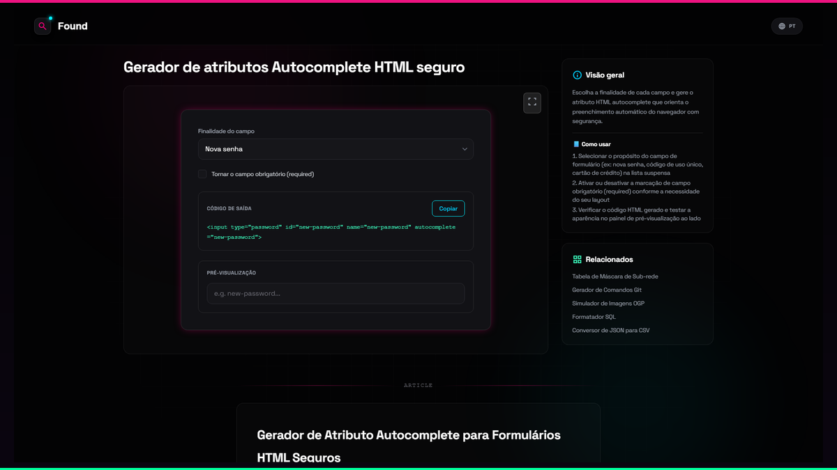 Gerador de atributos Autocomplete HTML seguro - Found