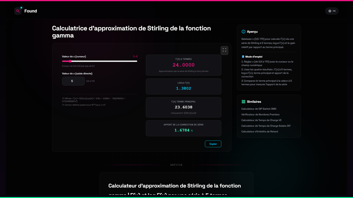 Calculatrice d'approximation de Stirling de la fonction gamma - Found