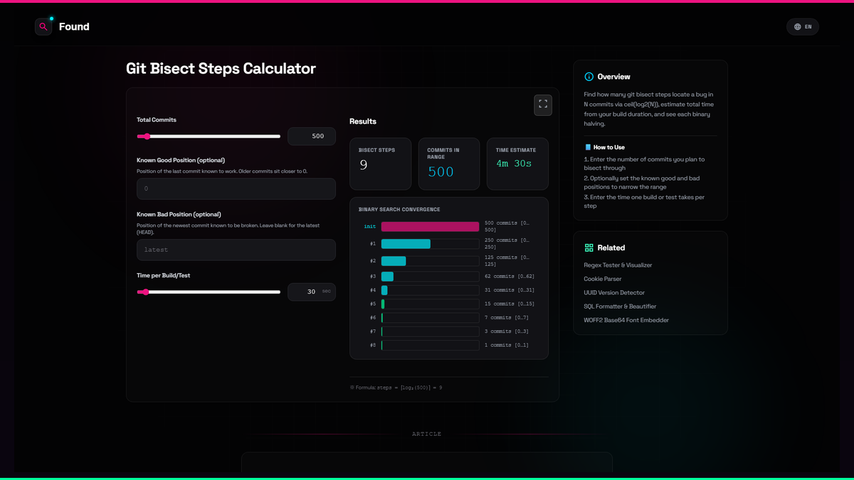 Git Bisect Steps Calculator - Found