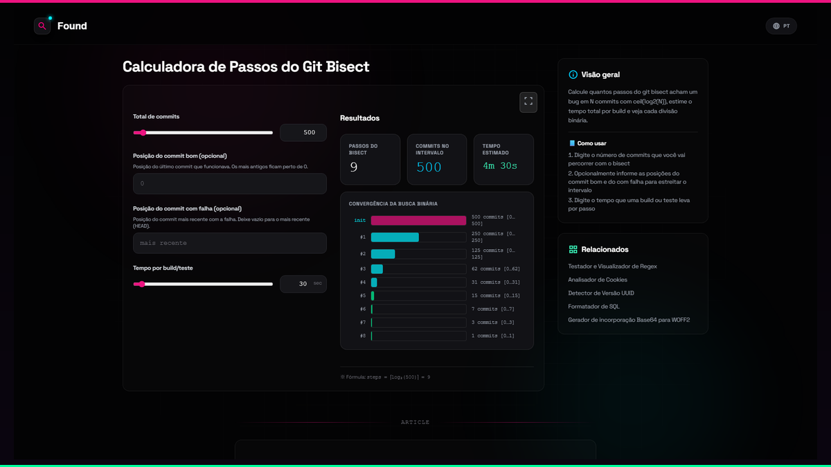 Calculadora de Passos do Git Bisect - Found