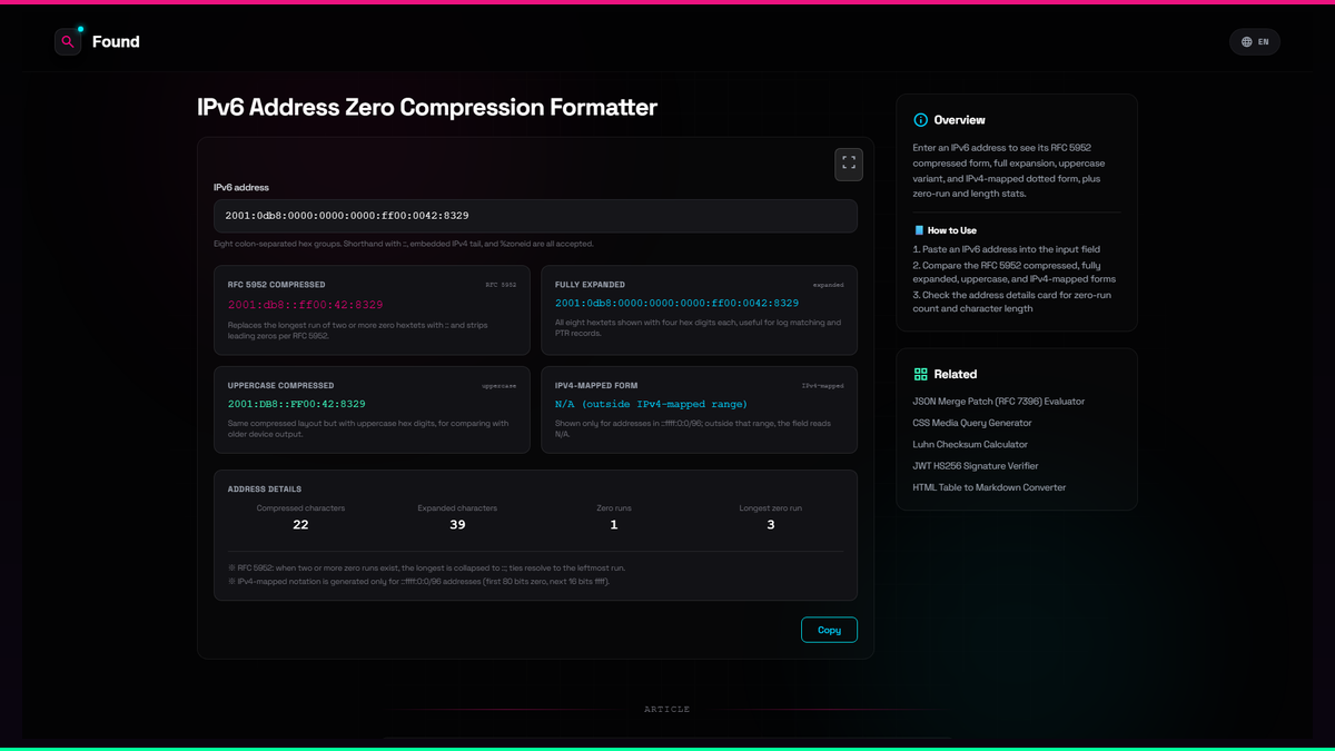 IPv6 Address Zero Compression Formatter - Found