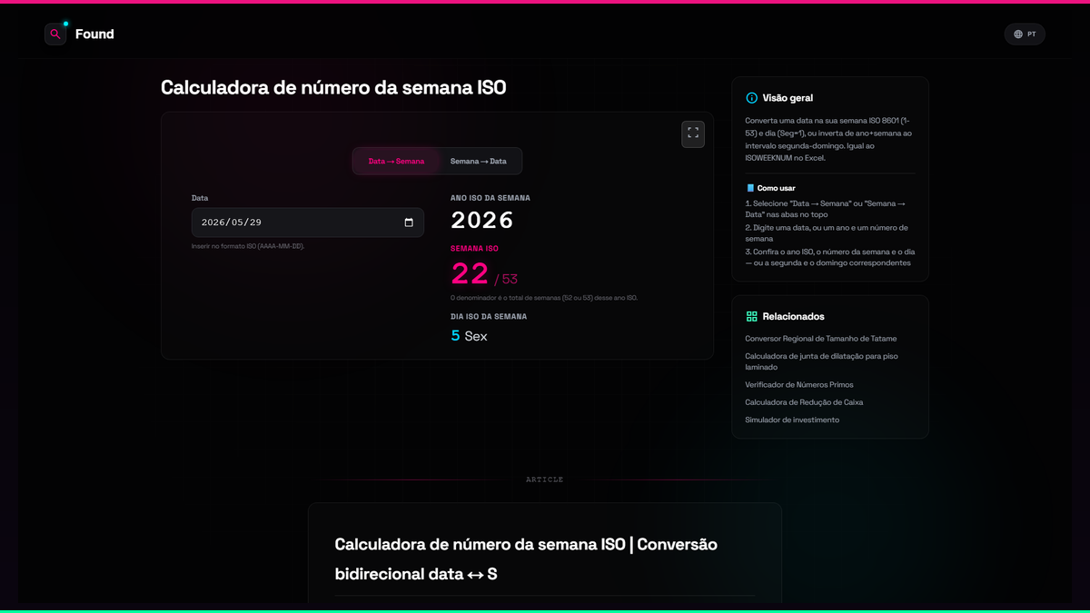 Calculadora de número da semana ISO - Found