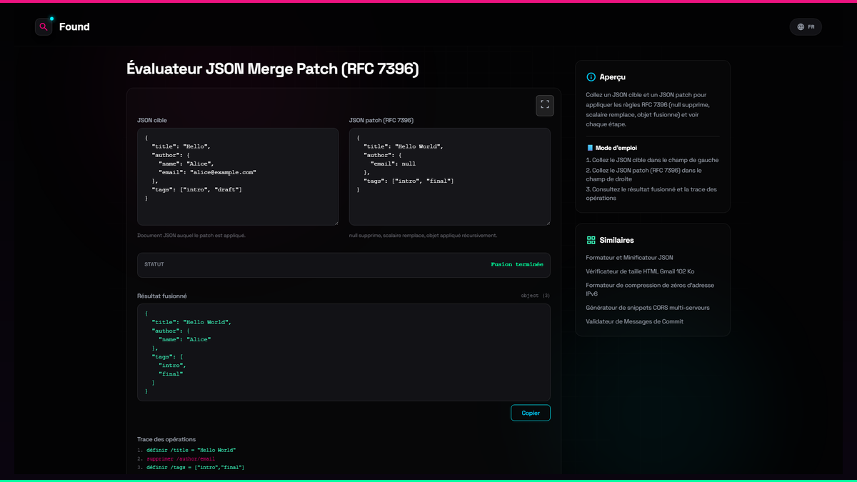 Évaluateur JSON Merge Patch (RFC 7396) - Found