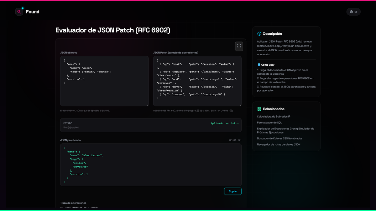 Evaluador de JSON Patch (RFC 6902) - Found