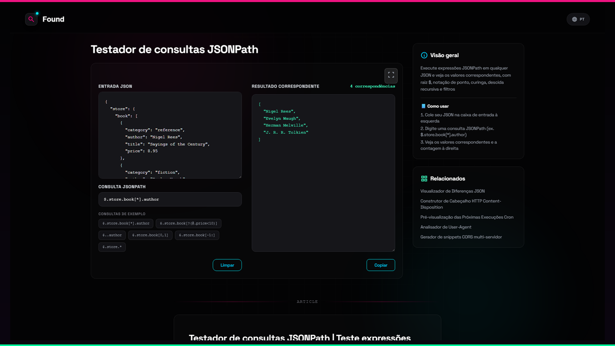 Testador de consultas JSONPath - Found
