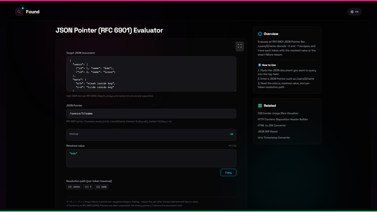 JSON Pointer (RFC 6901) Evaluator - Found