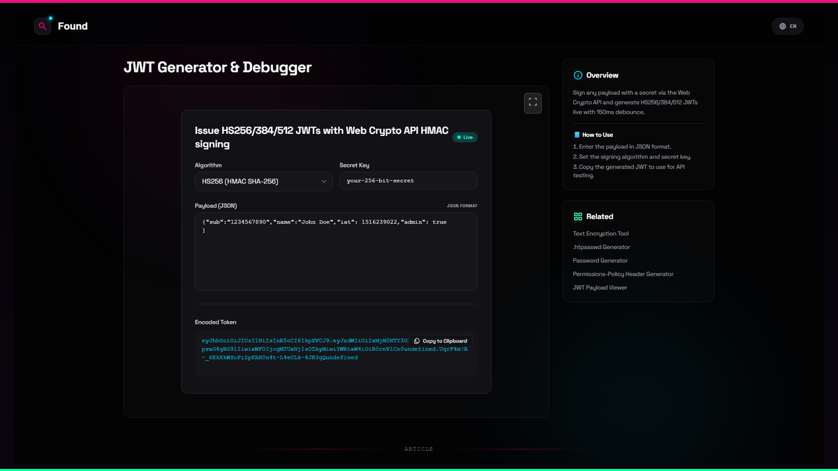 JWT Generator & Debugger - Found