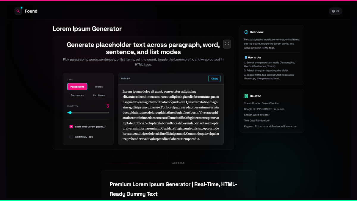 Lorem Ipsum Generator - Found