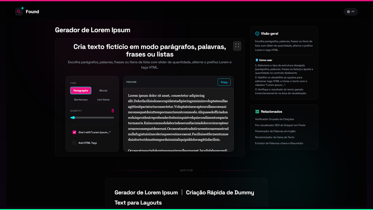 Gerador de Lorem Ipsum - Found