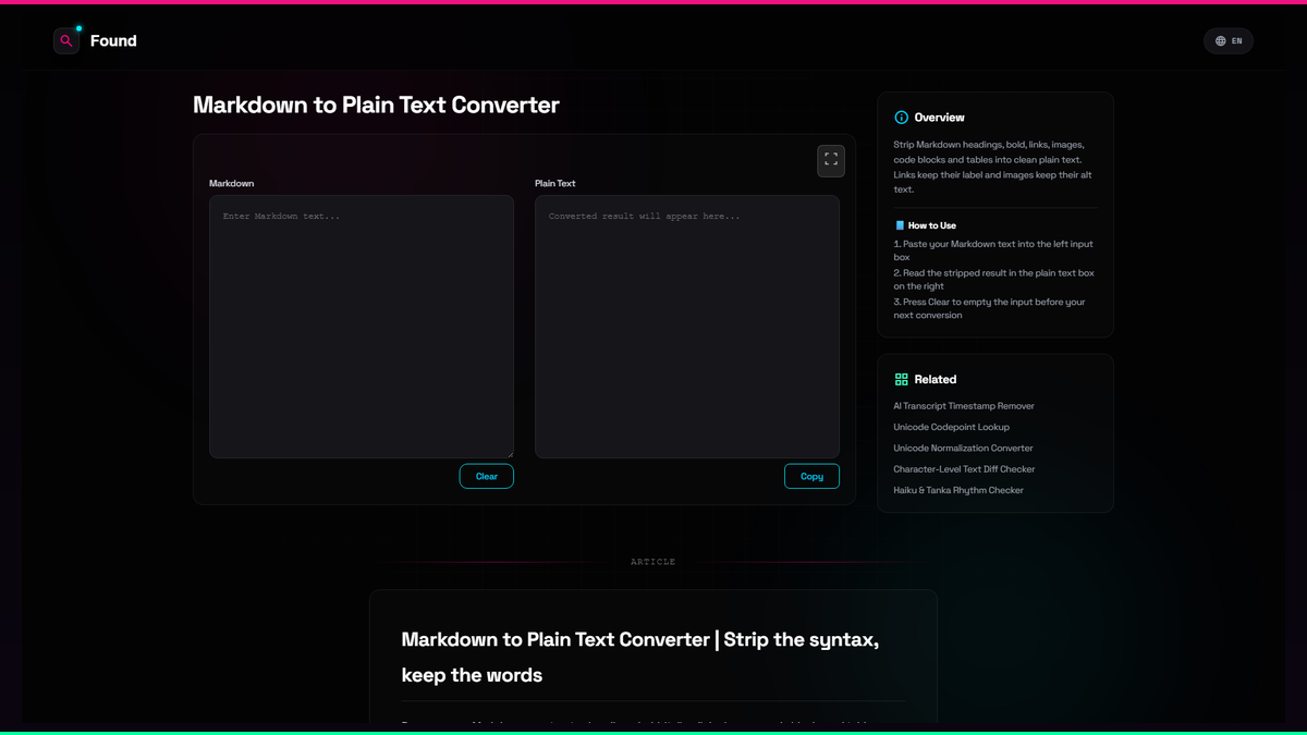 Markdown to Plain Text Converter - Found