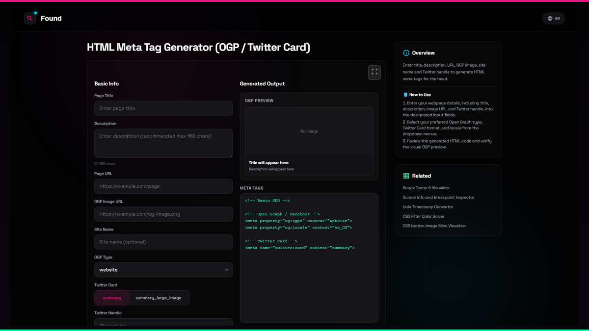 HTML Meta Tag Generator (OGP / Twitter Card) - Found