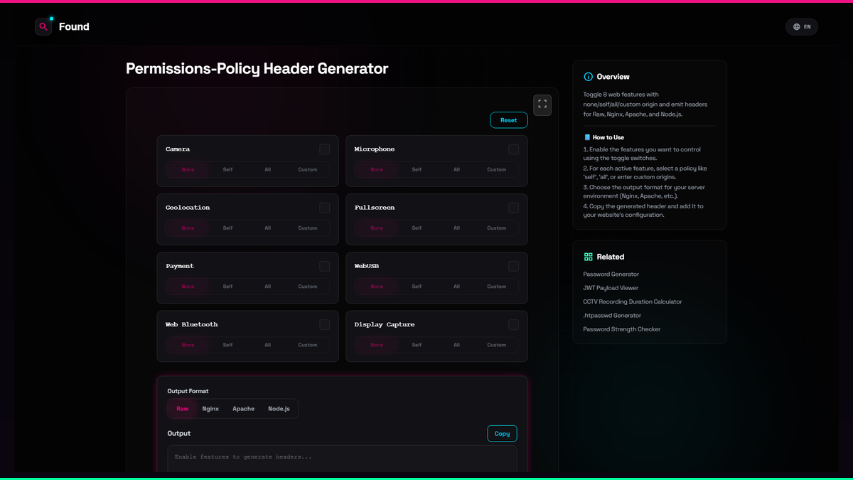 Permissions-Policy Header Generator - Found