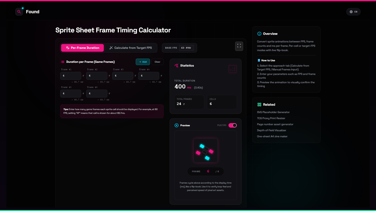 Sprite Sheet Frame Timing Calculator - Found