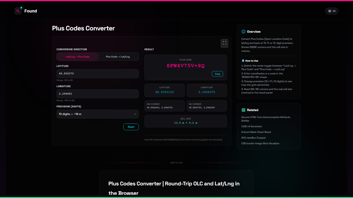 Plus Codes Converter - Found