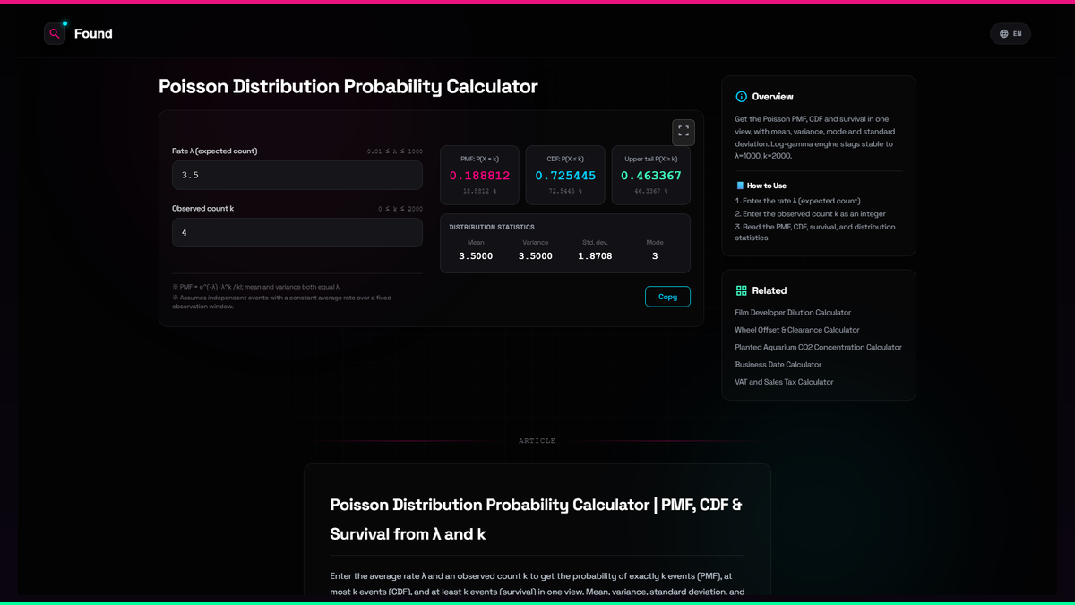 Poisson Distribution Probability Calculator - Found