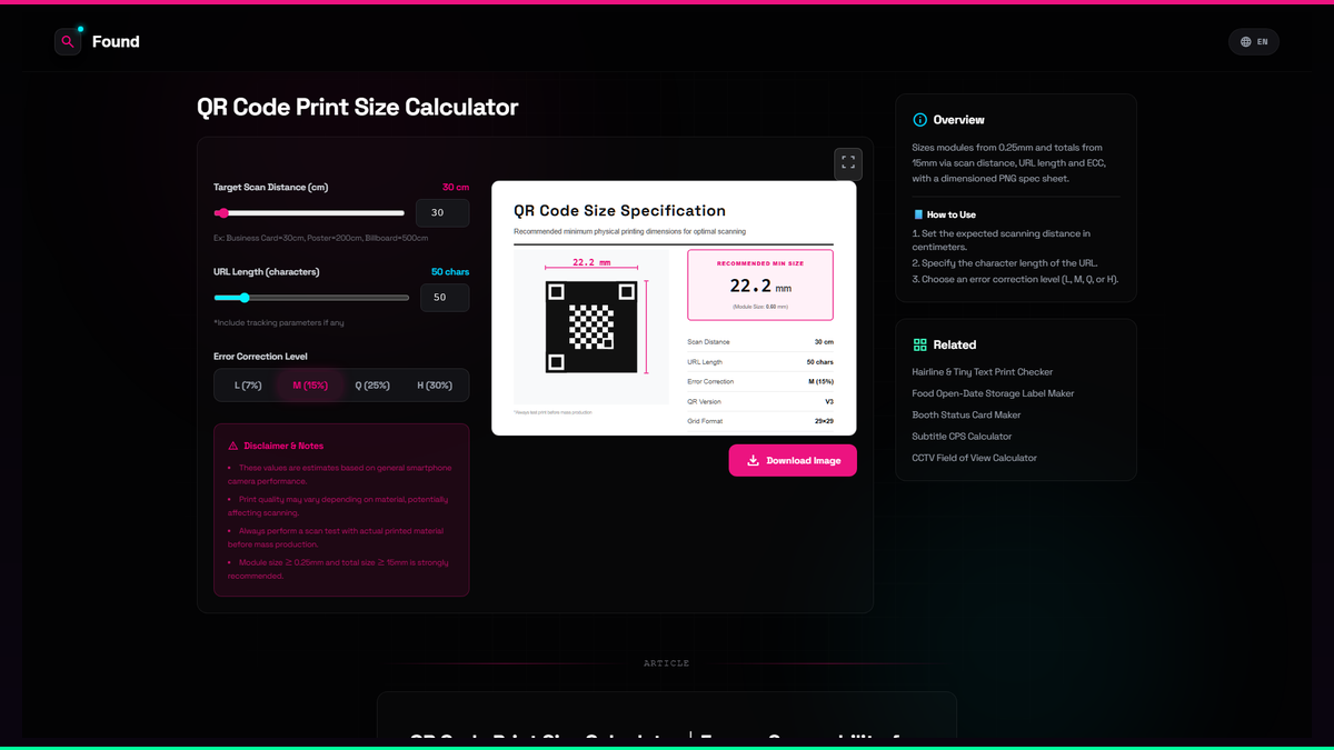 QR Code Print Size Calculator - Found