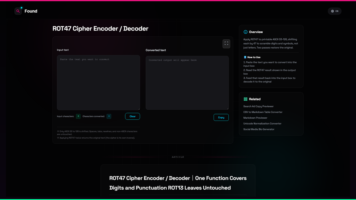 ROT47 Cipher Encoder / Decoder - Found