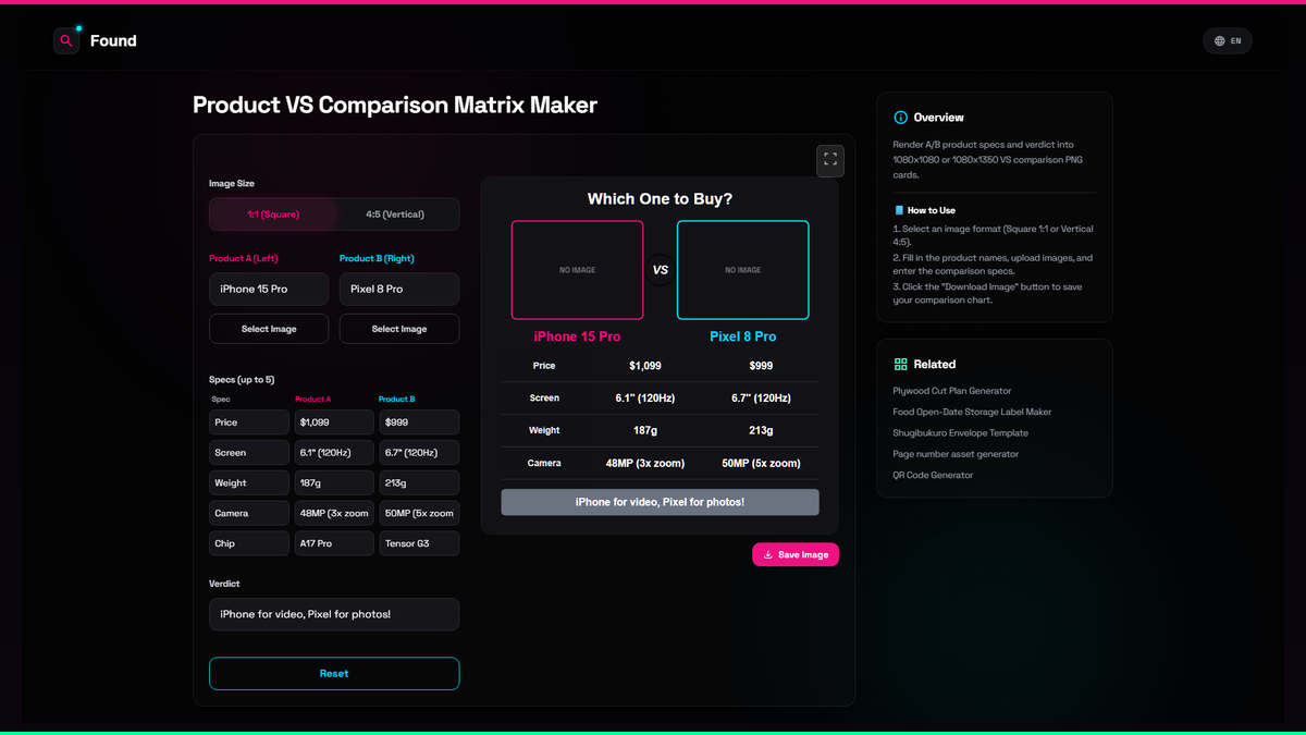 Product VS Comparison Matrix Maker - Found