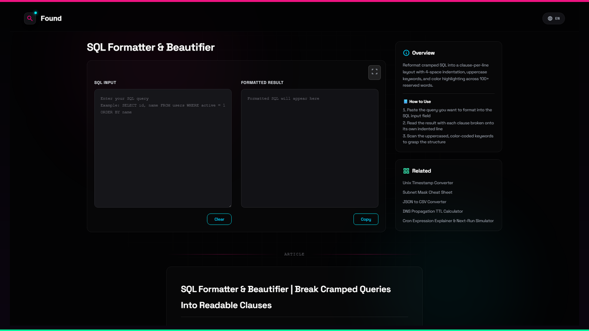 SQL Formatter & Beautifier - Found